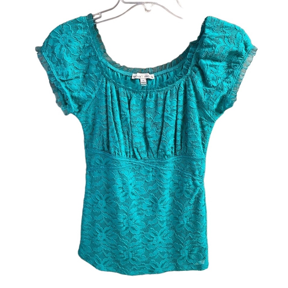 Moa Moa Ladies Short Sleeve Lace Top, Size Large , Teal